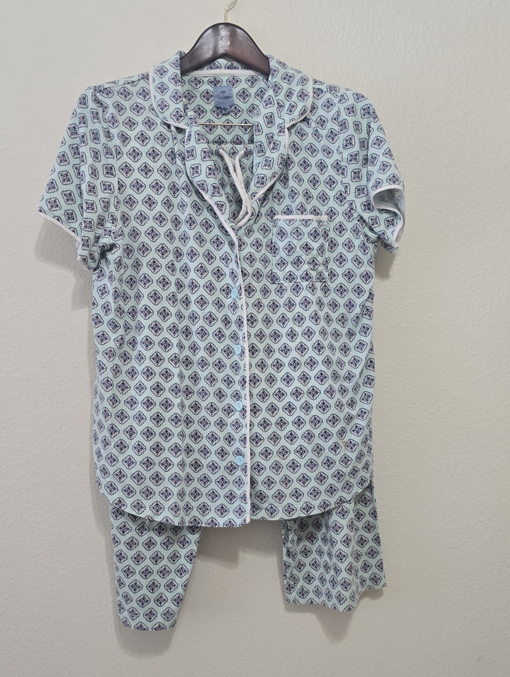Jane and Bleecker Light Blue Short-Sleeve Pajama Set with Navy Geometric Print L